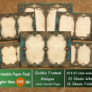 Papier numérique encadré gothique imprimable, éphémère grunge, pages de grimoire, journal indésirable victorien à télécharger, scrapbooking magique, fabrication de cartes