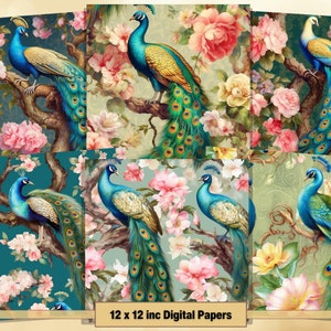 Printable Fantasy Peacocks Digital Papers, Peacock Feather Pages, Background, Ephemera, Download Junk Journal, Scrapbooking, Card Making, starry floral,	seamless floral,	painted flowers,	seamless pattern,	romantic floral,	romantic aesthetic, peacock