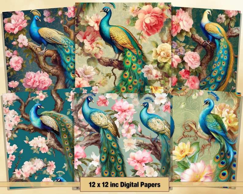 Printable Fantasy Peacocks Digital Papers, Peacock Feather Pages, Background, Ephemera, Download Junk Journal, Scrapbooking, Card Making, starry floral,	seamless floral,	painted flowers,	seamless pattern,	romantic floral,	romantic aesthetic, peacock