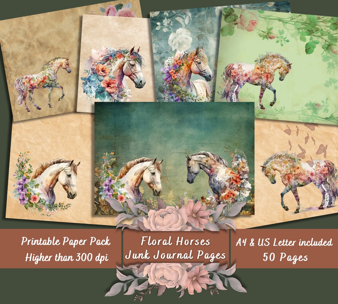 Printable Floral Horses Digital Paper, Vintage Flowers Ephemera ...