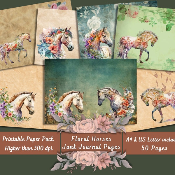 Printable Floral Horses Digital Paper, Vintage Flowers Ephemera, Watercolour Horses Pages, Download Junk Journal, Scrapbooking, Card Making