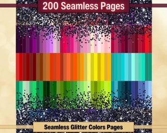 May include: A digital graphic featuring a spectrum of vertical colour bars, from purple to blue, with a glitter effect at the top and bottom. The text reads "200 Seamless Pages" and "Seamless Glitter Colors Pages".
