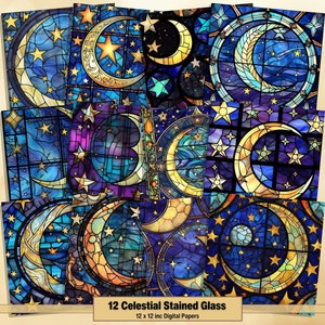 Printable Celestial Stained Glass Digital Papers, Moon & Stars Pages, Background, Ephemera, Download Junk Journal, Scrapbooking, Card Making