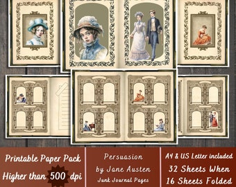 Printable Persuasion Jane Austen Digital Paper, Regency Ephemera, Jane Austen Book Pages, Download Junk Journal, Scrapbooking, Card Making