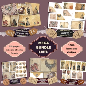 Printable Victorian Fashion Digital Papers Mega Bundle, Fussy Cuts Kit, Tags, Envelopes, Download Junk Journal, Scrapbooking, Card Making