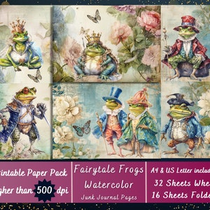 Printable Frog Watercolor Paper, Cute Dressed Frog Ephemera, Frog and Toad Pages, Fairytale Download Junk Journal, Scrapbooking, Card Making