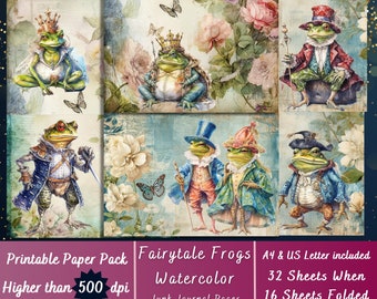 Printable Frog Watercolor Paper, Cute Dressed Frog Ephemera, Frog and Toad Pages, Fairytale Download Junk Journal, Scrapbooking, Card Making