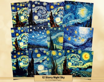 Printable Starry Night Digital Paper, Night Sky Page, Van Gogh Background, Cosmic Ephemera, Download Junk Journal, Scrapbooking, Card Making