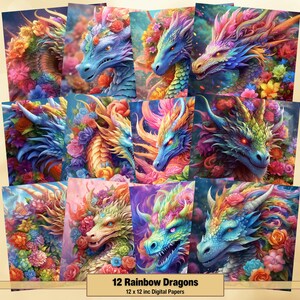 May include: Twelve digital paper designs featuring colorful rainbow dragons with floral accents. Each design is 12 inches by 12 inches.