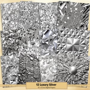 May include: Twelve digital papers featuring silver textures. The papers include silver glitter, metallic foil, and geometric patterns. Each paper is 12 x 12 inches.
