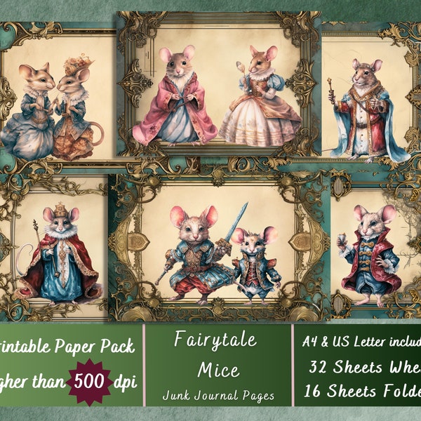 Printable Victorian Mouse Digital Paper, Dressed Animals Ephemera, Fairytale Mice Pages, Download Junk Journal, Scrapbooking, Card Making