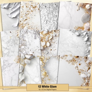 Printable White Glam Digital Papers, White Marble Page, Shimmer Background, Ephemera, Download Junk Journal, Scrapbooking, Card Making