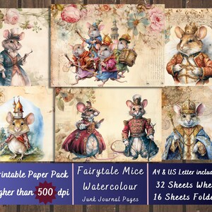 Printable Mouse Watercolour Digital Paper, Dressed Animals Ephemera, Fairy Tale Mice Pages, Download Junk Journal, Scrapbooking, Card Making