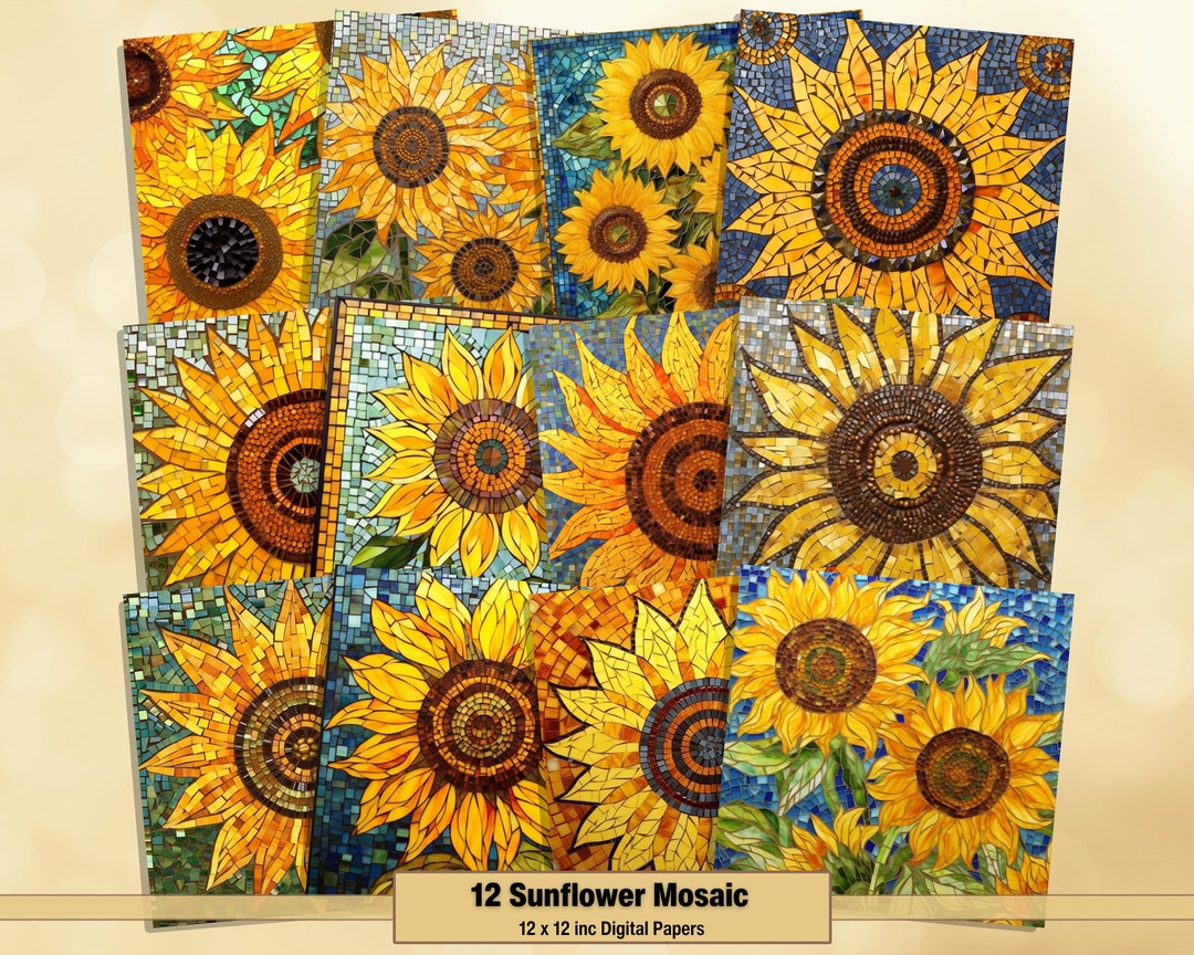 Printable Sunflower Mosaic Digital Papers, Stained Glass Page, Floral ...