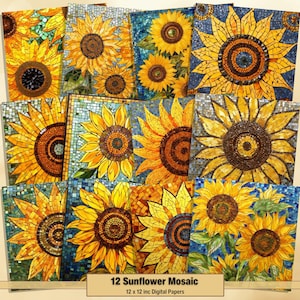 Printable Sunflower Mosaic Digital Papers, Stained Glass Page, Floral Background, Ephemera, Download Junk Journal, Scrapbooking, Card Making