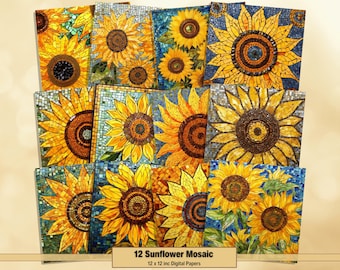 May include: Twelve digital papers featuring a mosaic pattern of sunflowers in shades of yellow, brown, and blue. Each paper measures 12 inches by 12 inches.