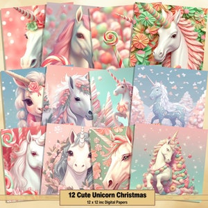 Printable Cute Unicorn Christmas Digital Papers, Xmas Candy Pages, Background, Ephemera, Download Junk Journal, Scrapbooking, Card Making