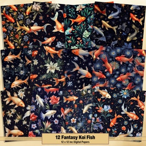 Printable Fantasy Koi Fish Digital Papers, Goldfish Patterns Pages, Background, Ephemera, Download Junk Journal, Scrapbooking, Card Making