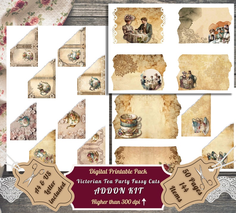 Printable Victorian Tea Party Junk Journal Page and Fussy Cuts Kit