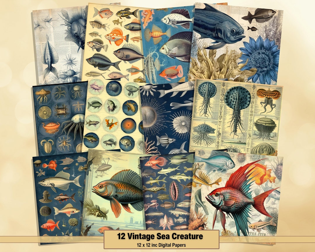 Printable Vintage Sea Creatures Digital Papers Pages Fish Background 
