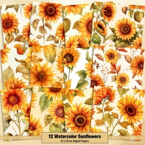 Printable Watercolor Sunflowers Digital Papers, Autumn Pages, Fall Background, Ephemera, Download Junk Journal, Scrapbooking, Card Making