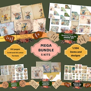 Druckbares digitales Papierpaket mit floralen Highland-Kühen, Fussy Cuts Kit, Tags, Briefumschläge, Download für Junk Journal, Scrapbooking, Kartenherstellung