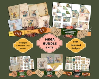 Printable Floral Highland Cow Digital Papers Mega Bundle, Fussy Cuts Kit, Tags, Envelopes, Download Junk Journal, Scrapbooking, Card Making