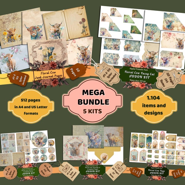 Printable Floral Highland Cow Digital Papers Mega Bundle, Fussy Cuts Kit, Tags, Envelopes, Download Junk Journal, Scrapbooking, Card Making