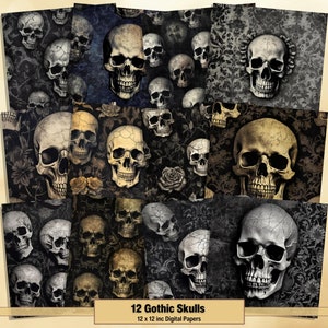 Printable Gothic Skulls Digital Papers, Black Gothic Pages, Skull Background, Ephemera, Download Junk Journal, Scrapbooking, Card Making