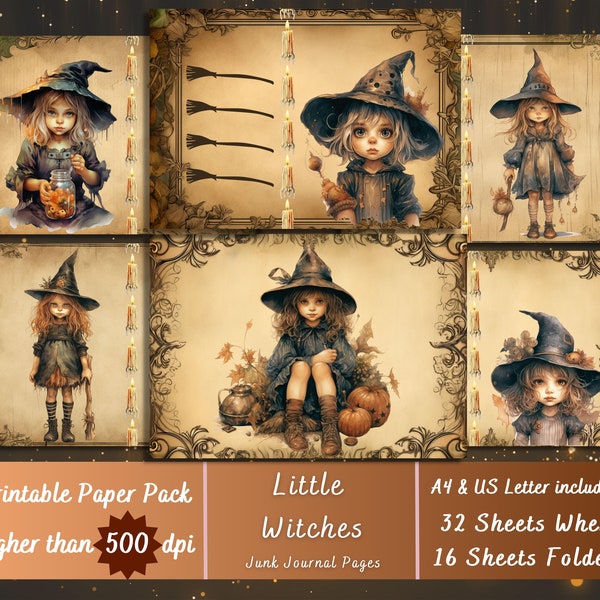 Printable Little Witch Digital Paper, Cute Witchy Ephemera, Holy Witchcraft Pages, Download Junk Journal, Scrapbooking, Card Making