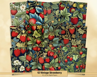 Printable Vintage Strawberry Digital Papers, Summer Fruit Pages, Background, Ephemera, Download Junk Journal, Scrapbooking, Card Making