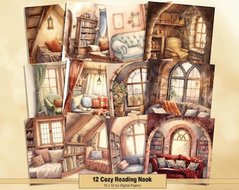 Printable Cozy Reading Nook Digital Papers, Books Pages, Background, Vintage Ephemera, Download Junk Journal, Scrapbooking, Card Making