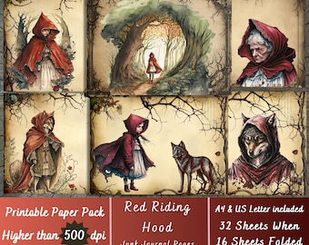 Printable Red Riding Hood and the Wolf Paper, Fairy Tail Ephemera, Fairy Tale Pages, Download Junk Journal, Scrapbooking, Card Making