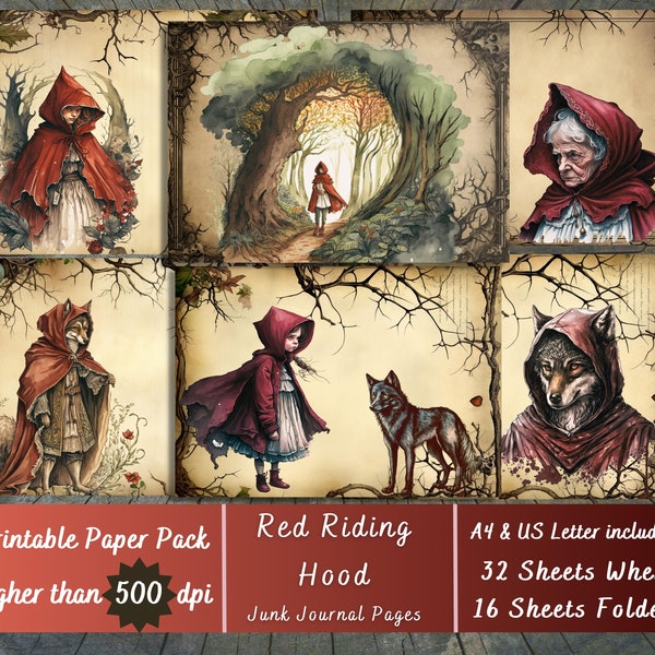 Printable Red Riding Hood and the Wolf Paper, Fairy Tail Ephemera, Fairy Tale Pages, Download Junk Journal, Scrapbooking, Card Making