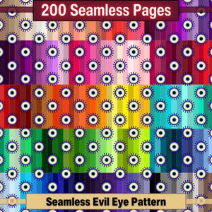 May include: A digital download of 200 seamless patterns featuring colorful stripes with a repeating evil eye design.  The evil eye is blue with a white pupil and a gold rim.  The stripes are in various colors, including red, orange, yellow, green, blue, purple, and pink.