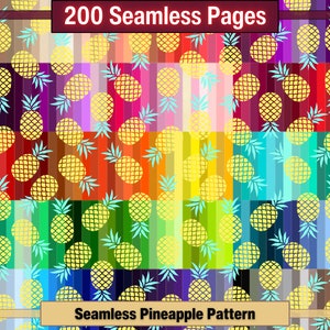 May include: A digital download of 200 seamless pineapple patterns in various colors. The patterns are arranged in a grid with each pattern featuring a different color combination.