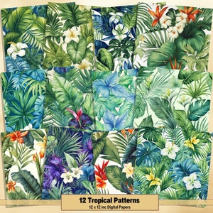 Printable Tropical Patterns Digital Papers, Tropical Leaves Pages, Background, Ephemera, Download Junk Journal, Scrapbooking, Card Making