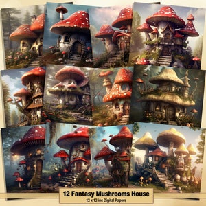 Printable Fantasy Mushrooms House Digital Paper, Vintage Pages, Background, Fairy Ephemera, Download Junk Journal, Scrapbooking, Card Making