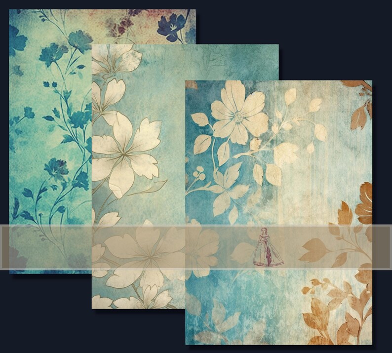 Printable Blue Floral Junk Journal Pages Kit, Vintage Roses Paper ...