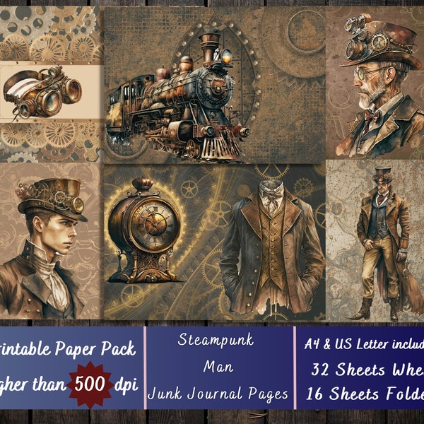 Printable Steampunk Men Digital Paper, Steampunk Hat Ephemera, Victorian Pages, Download Junk Journal, Steampunk Scrapbooking, Card Making