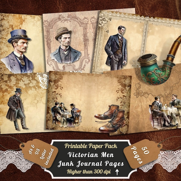 Printable Victorian Gentlemen Digital Paper, Victorian Men Ephemera, Victorian Era Pages, Download Junk Journal, Scrapbooking, Card Making