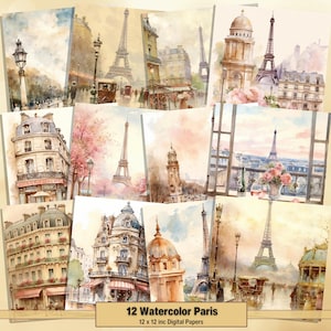 Printable Watercolor Paris Digital Papers, Vintage Pages, Background, French Ephemera, Download Junk Journal, Scrapbooking, Card Making