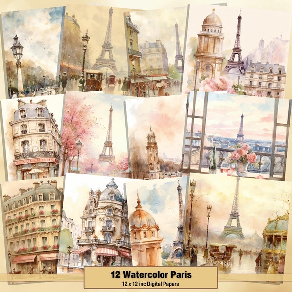 Printable Watercolor Paris Digital Papers, Vintage Pages, Background, French Ephemera, Download Junk Journal, Scrapbooking, Card Making