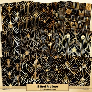 Printable Gold Art Deco Digital Papers, Black and Gold Pages, Retro Background, Ephemera, Download Junk Journal, Scrapbooking, Card Making