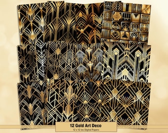 Printable Gold Art Deco Digital Papers, Black and Gold Pages, Retro Background, Ephemera, Download Junk Journal, Scrapbooking, Card Making