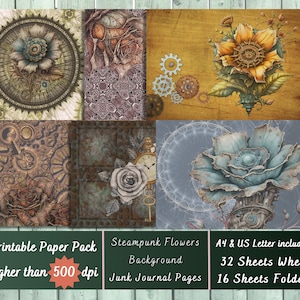 Printable Steampunk Flower Digital Paper, Floral Grunge Ephemera, Fantasy Steampunk Pages, Download Junk Journal, Scrapbooking, Card Making