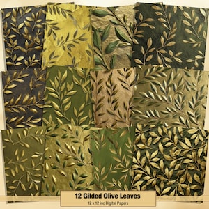 Printable Gilded Olive Leaves Digital Papers, Embossed Pages, Background, Vintage Ephemera, Download Junk Journal, Scrapbooking, Card Making
