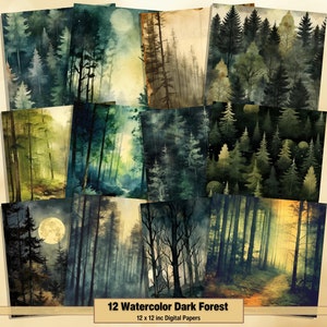 Printable Dark Forest Digital Papers, Watercolor Page, Woodland Background, Trees Ephemera, Download Junk Journal, Scrapbooking, Card Making