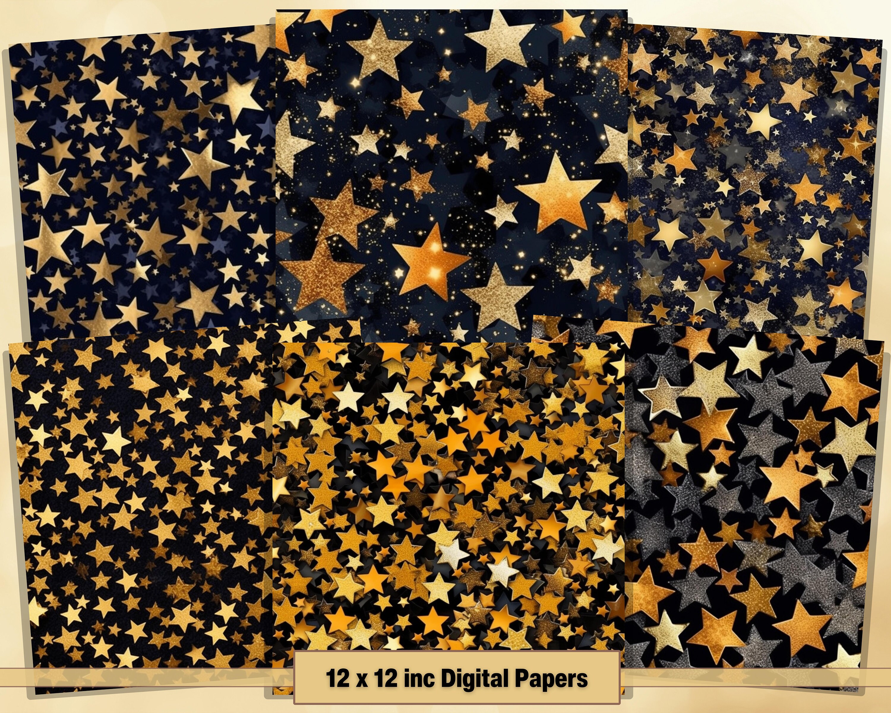 Printable Golden Starry Night Digital Papers, Gold Stars Pages, Stars ...