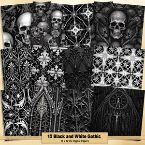 Printable Black & White Gothic Digital Papers, Skull Damask Pages, Background, Ephemera, Download Junk Journal, Scrapbooking, Card Making